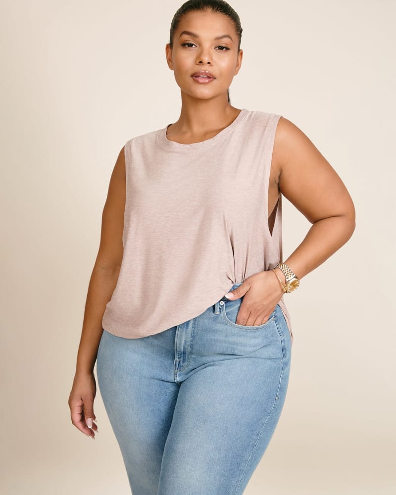 Front of a model wearing a size 1X Balanced Muscle Tank in Chai by Beyond Yoga. | dia_product_style_image_id:227077